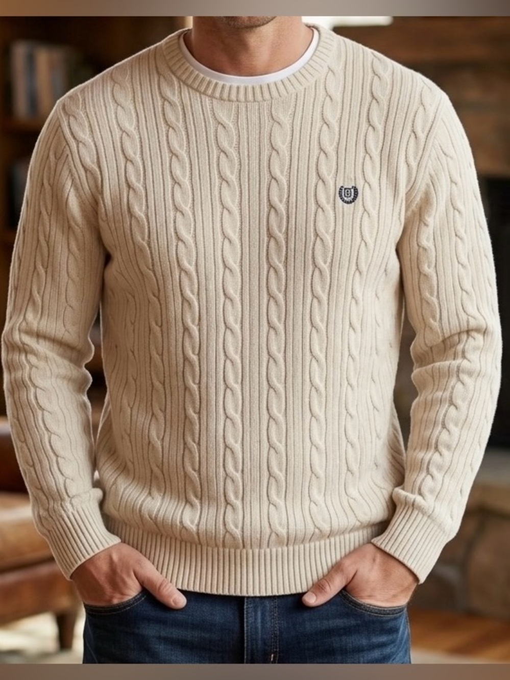 Chaps Jumper Men's XLarge Cream Cable Knit Crew Neck Cotton Sweater XL